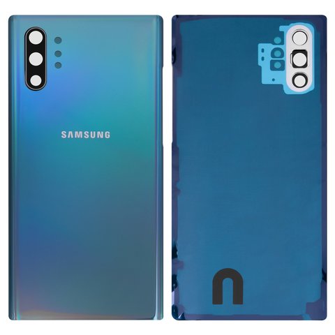 Panel trasero de carcasa puede usarse con Samsung N975F Galaxy Note 10 Plus; Samsung, plateada, con vidrio de cámara, aura glow
