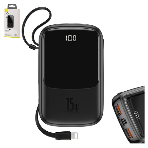 Power bank Baseus Q pow, 10000 мАг, з кабелем USB тип C до Lightning для Apple, з дисплеєм, чорний, Quick Charge, 15 Вт, #PPQD B01