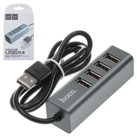 USB хаб Hoco HB1, USB тип A, 80 см, 4 порти, сірий, #6957531038139